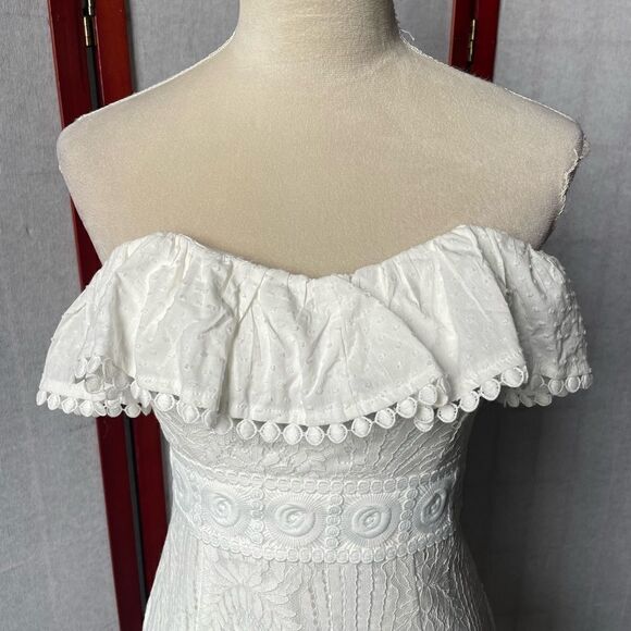 Lena White Lace Ruffles Strapless Mini Dress w/Lace Up Back (Size: Small) - Picture 2 of 16